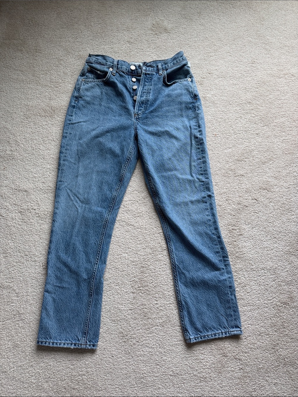 Agolde Button-Fly Straight Leg Jeans in Medium Blue
